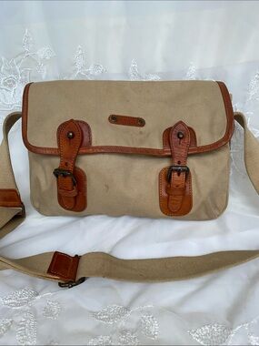 Vintage Giordano Canvas Messenger Bag with Brown Leather Trim - Beige